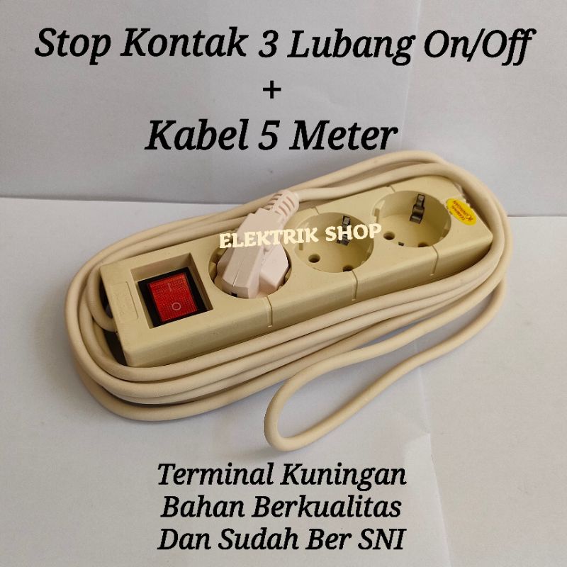 STOP KONTAK 3 LUBANG ROLL KABEL 5 METER TERMINAL KUNINGAN SNI