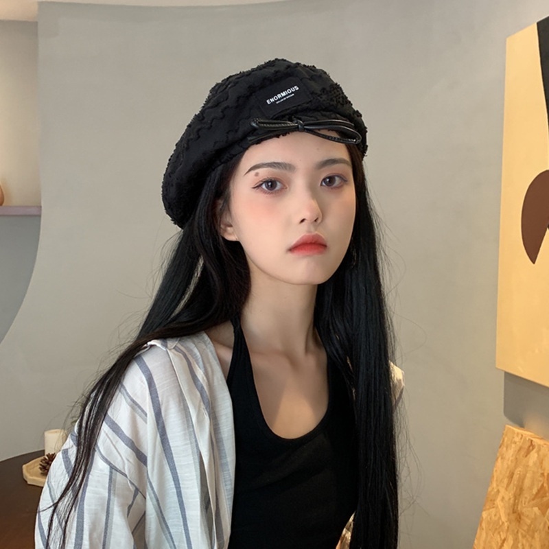 Topi Baret Pelukis Aksen Renda Label Warna Solid Gaya Korea Untuk Wanita