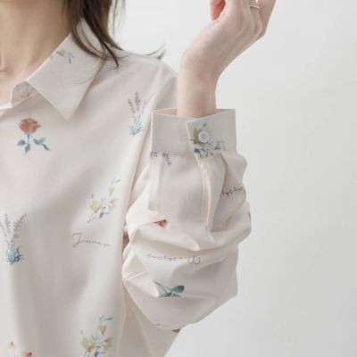 【impor】 Atasan kemeja wanita sifon lengan panjang putih POLO motif bunga formal-5