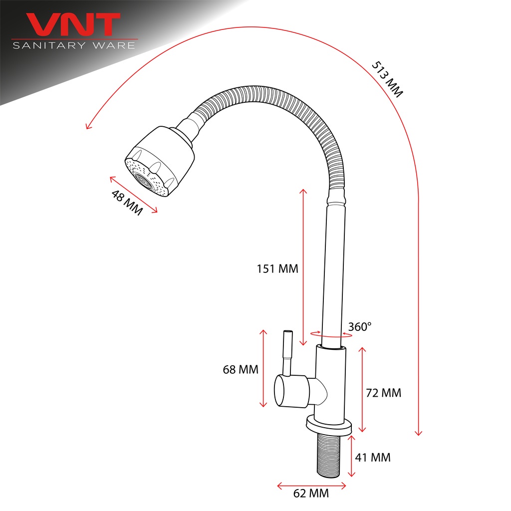 VNT Kran Cuci Piring Stainless SUS304 Flexible Tanam Sink Keran Dapur Leher Angsa Wastafel Fleksibel SKSF1-001