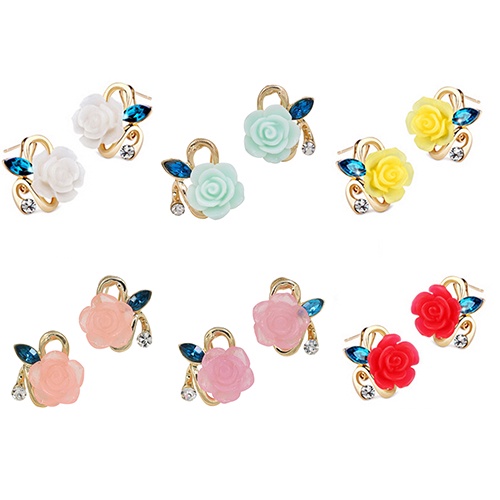 Anting Stud Desain Bunga Mawar Bahan Resin Aksen Berlian Imitasi Untuk Wanita