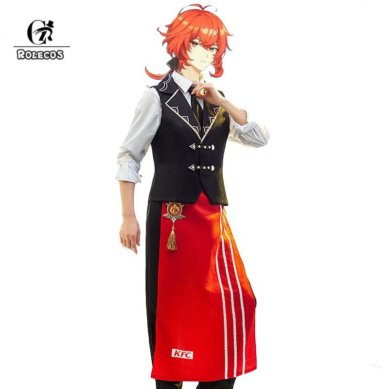 Game Genshin Impact Diluc Cosplay Costume KFC Diluc Cosplay Costume Men Waiter Uniform Costu