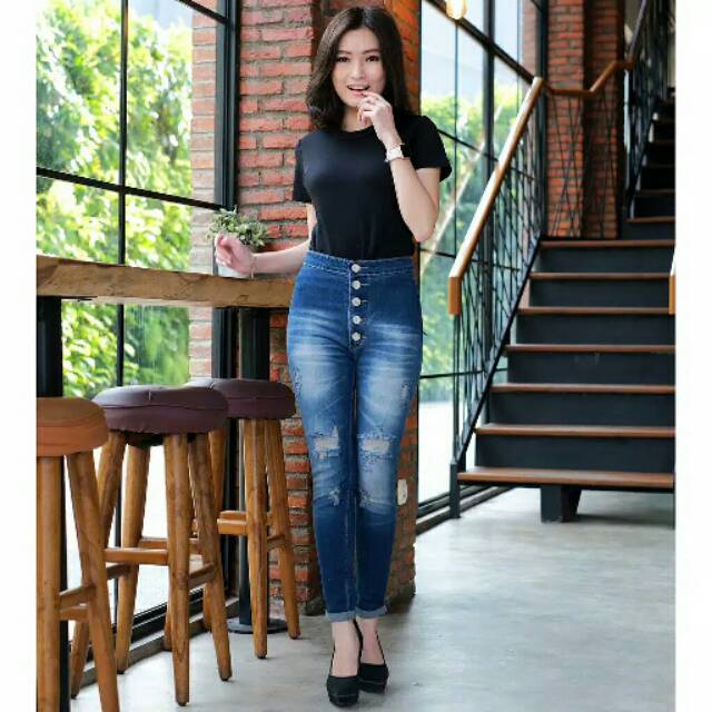 Celana jeans wanita high waist sobek / ripped jeans skinny 27-30