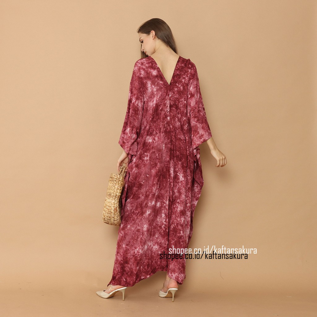 KAFTAN TIE DYE MARBLE TERBARU WARNA MERAH BAHAN RAYON LEMBUT OVERSIZE LEBARAN MURAH 2021