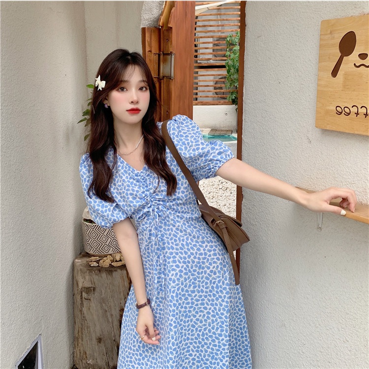 pakaian wanita korea COD Fashion New 2022 daster kerut dada Korean Style dress Blue Green Floral Lace-up Waist Short Sleeve Drawstring V Neck Midi dress biru for Women Summer A-Line tunik Casual Dresses biru  dress wanita 2023 korea