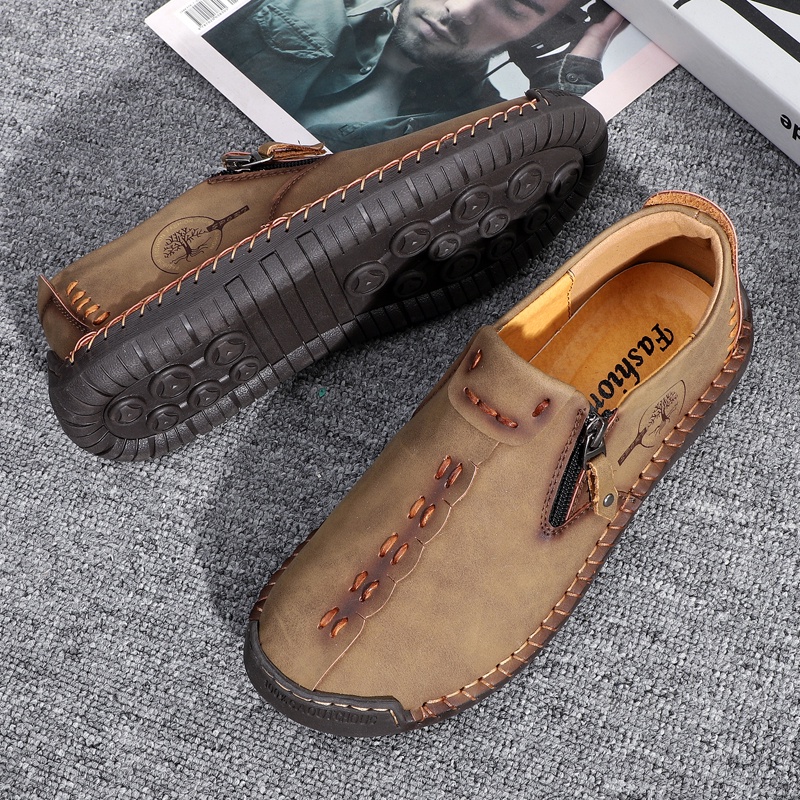 100% KULIT ASLI Sepatu Pria Slip On Pantofel Pria Tanpa Tali Kulit Sapi ORIGINAL Kasual IMPORT Resleting Kuliah Cowok 019