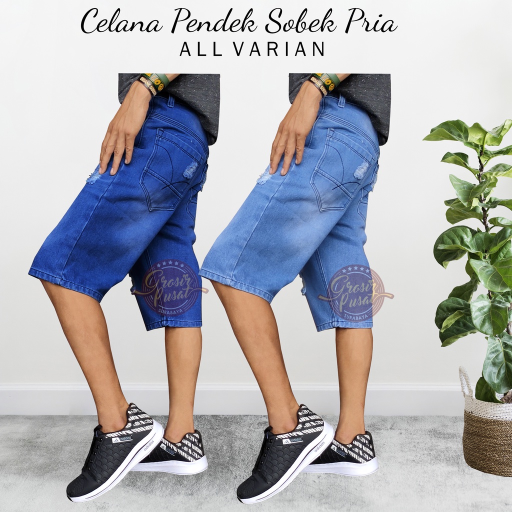 Celana Pendek Jeans Model Sobek Ripped Pria  Biru Muda 27 - 38