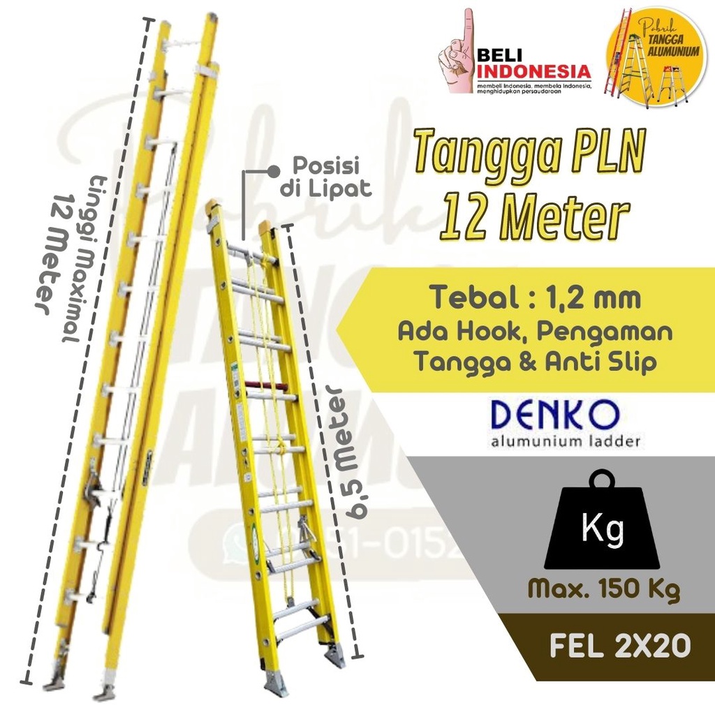 Tangga PLN Fiberglass Extension Ladder Merk DENKO FEL 2X20 | 12 Meter Sliding Sorong