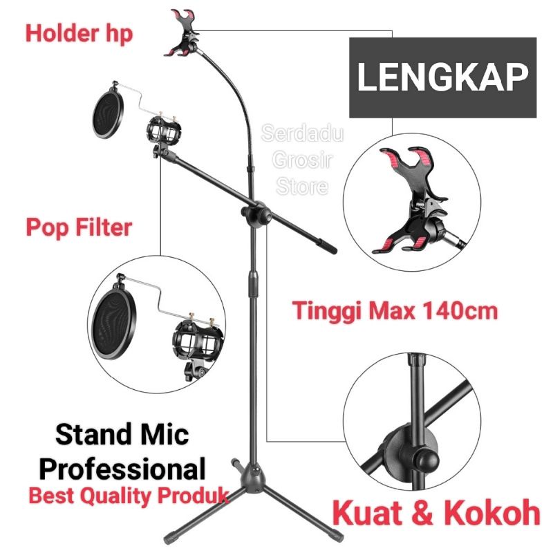 TaffSTUDIO Stand Mic Professional Dengan Holder Hp &amp; Pop Filter