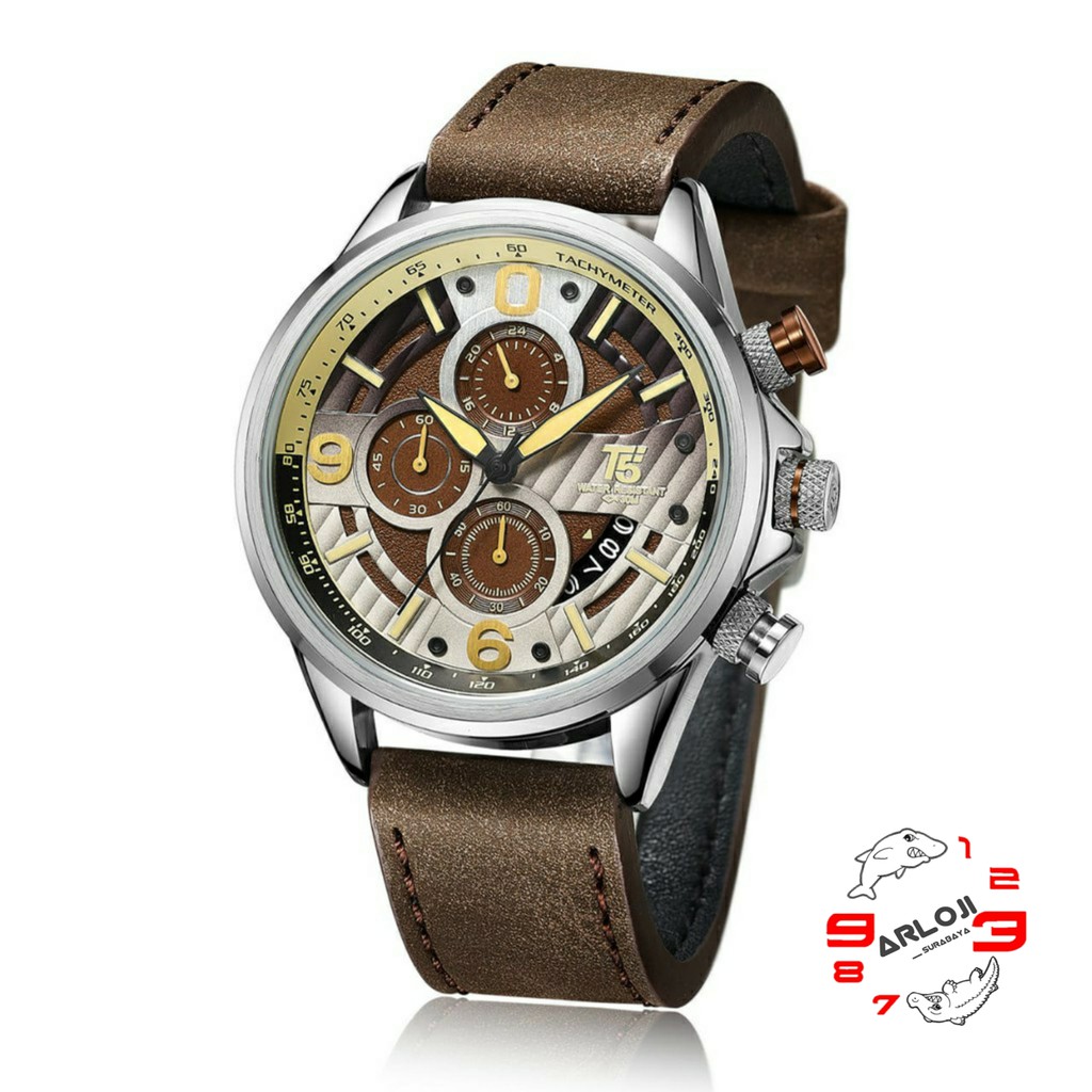 Arloji_Surabaya • Jam Tangan Pria T5 H3656 Original Analog Tali Kulit Crono Aktif