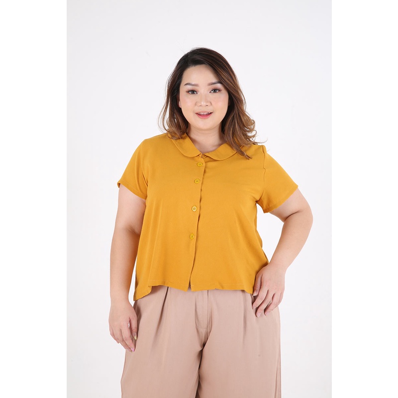 Sorabel - Honey Plain Rounded Collar Blouse Big Size / Kemeja Wanita Jumbo Lengan Pendek-Yellow