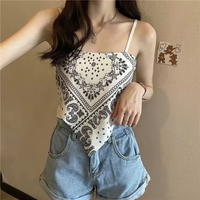 Smile Tank Top model Crop Top Motif Hailey Scarf Wanita Import 1055-WHITE