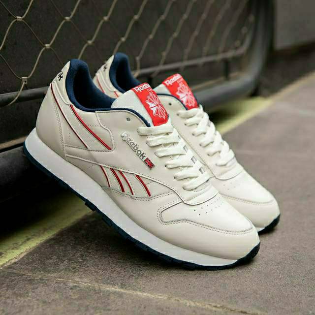 Reebok Classic Cl Leather Mu Chalk White Navy Red Shopee Indonesia