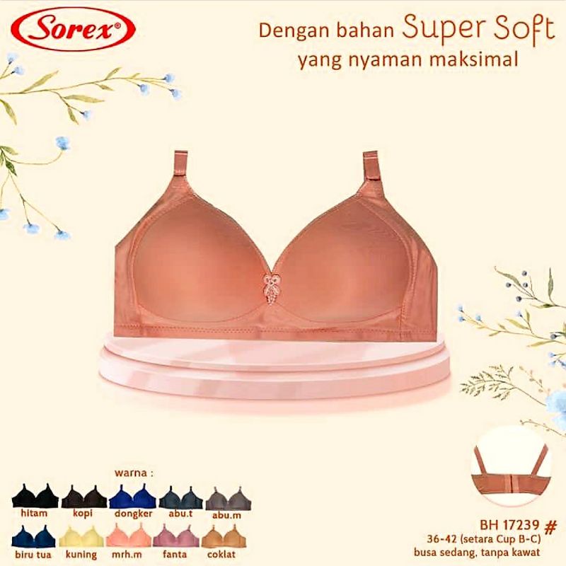 BRA WANITA SOREX ART 17239. SUPER SOTF TANPA KAWAT BUSA TIPIS KAIT:3  CUP.C UK:36.38.40.42