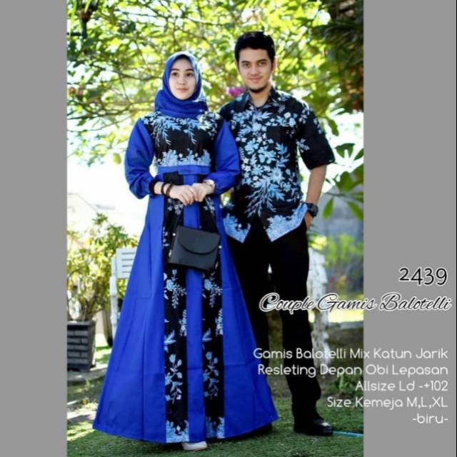 Couple Gamis Batik Kombinasi Polos / Couple Gamis Baloteli 2439 Sakura / Baju Batik Muslim Busui