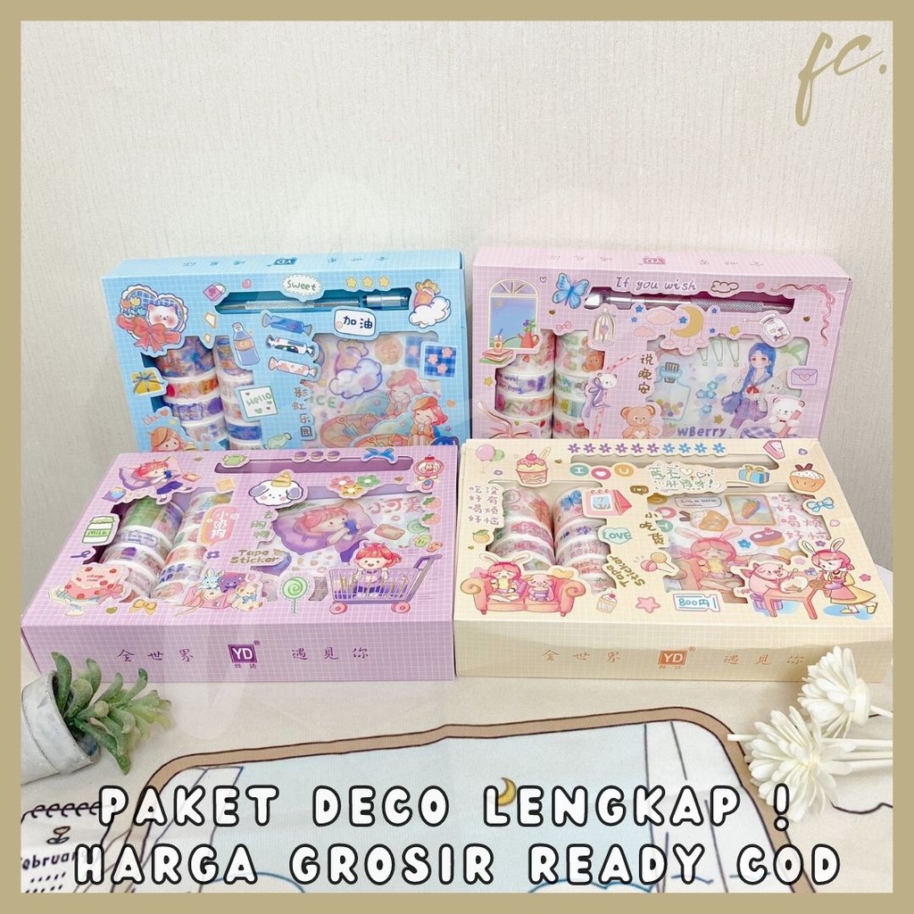 

Pack 10 Lembar Pcs Glitter Sticker Cutter Box + Selotip Washi Tape + Pisau Pemotong Potong Stiker Set YDSZKD Transparan Waterproof Pastel Jurnal Scrapbook Diary Estetik Sweet Cute Girl Decoration Accessories Hampers Bingkisan Import Harga Grosir Ready COD