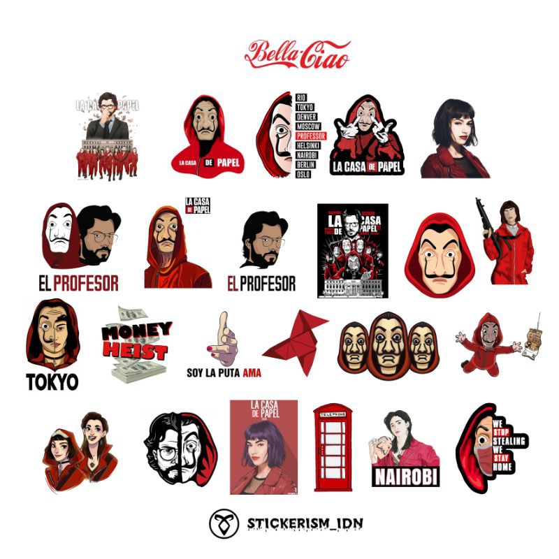 

STICKER / STIKER LA CASA DE PAPEL TAHAN AIR TEMPELAN LAPTOP DAN CASING HP [ISI 24 pcs]