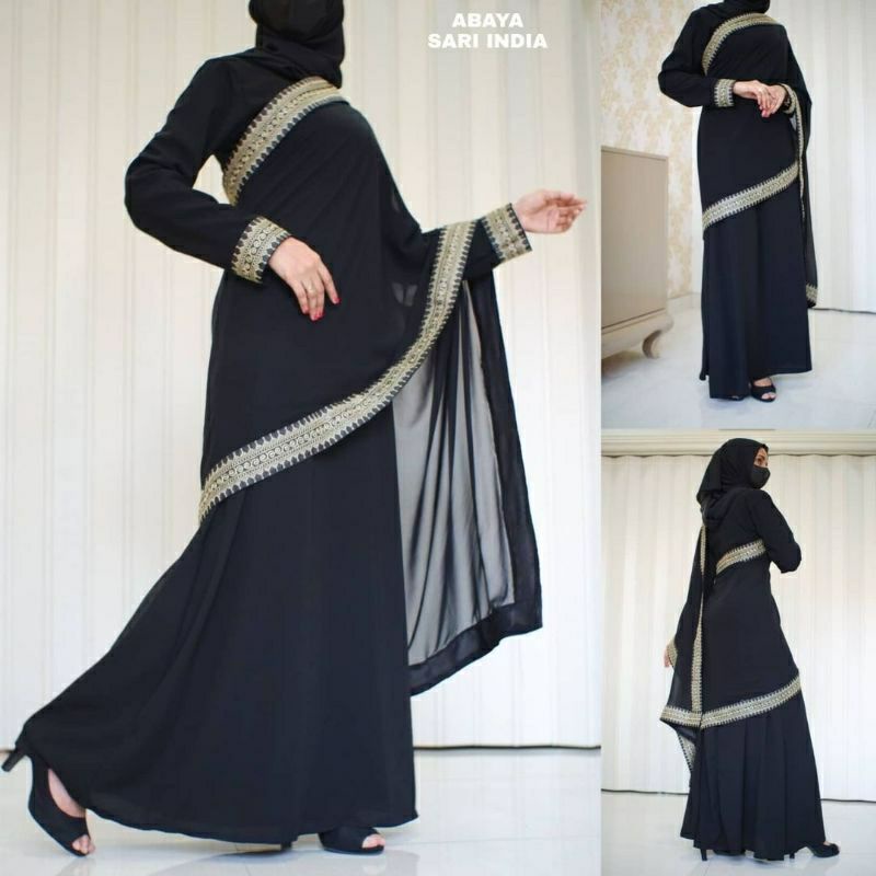 Exclusive Abaya Hitam Sari India original gamis arab syar'i Bahan Jet Black Saudi Kwalitas Boutique 