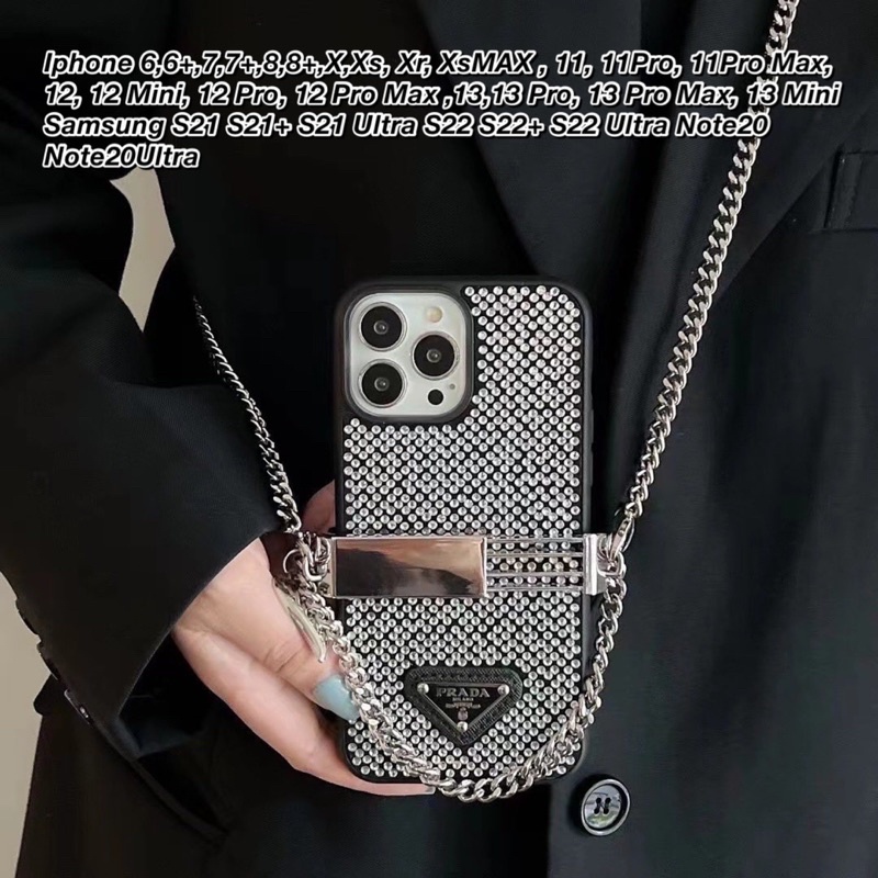 PRA*DA BLINK BLINK DIAMOND CASE with Chain Silver Universal Strap Iphone 6 6s 6s+ 6+ 7 7+ 8 8+ X Xs Xr XsMAX 11 11Pro 11ProMax 12 12Mini 12Pro 12ProMax 13 13Pro 13 Pro Max Samsung S21 S21+ S21 Ultra S22 S22+ S22 Ultra Note20 Note20Ultra