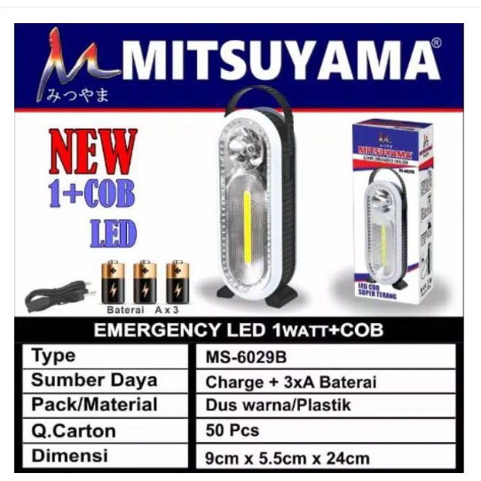 Senter Lampu LED Emergency Mitsuyama MS 6029 B Original-Senter LED COB Super Terang LED FREE Cable B