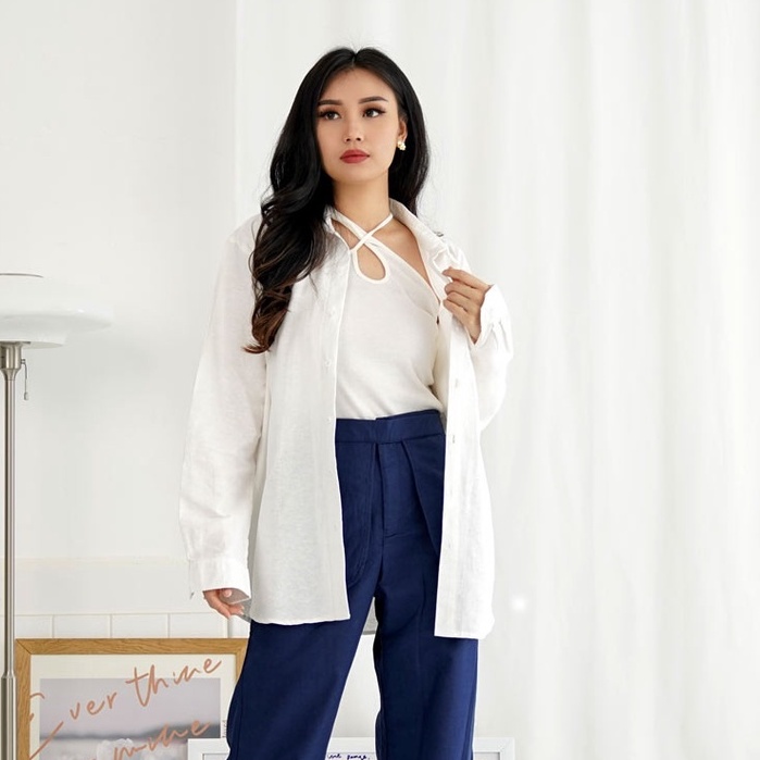 Kemeja Lengan Panjang Unisex Cotton Rami Pakaian Blouse Top Wanita