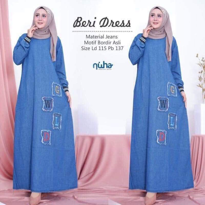 BERI. Baju Gamis Maxy Dress Jeans Denim Atasan Muslim Wanita NUHA Murah. Cantik, Casual, Nyaman