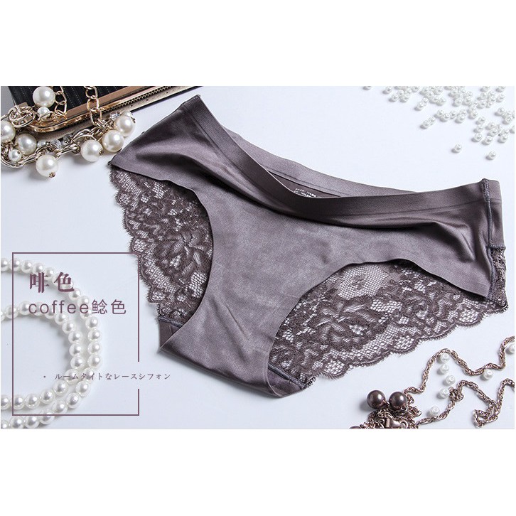 - BISA COD - PREMIUM QUALITY Celana Dalam Wanita Women Panties Renda Lace Sutra Silk Seamless Sexy-Coffee Grey