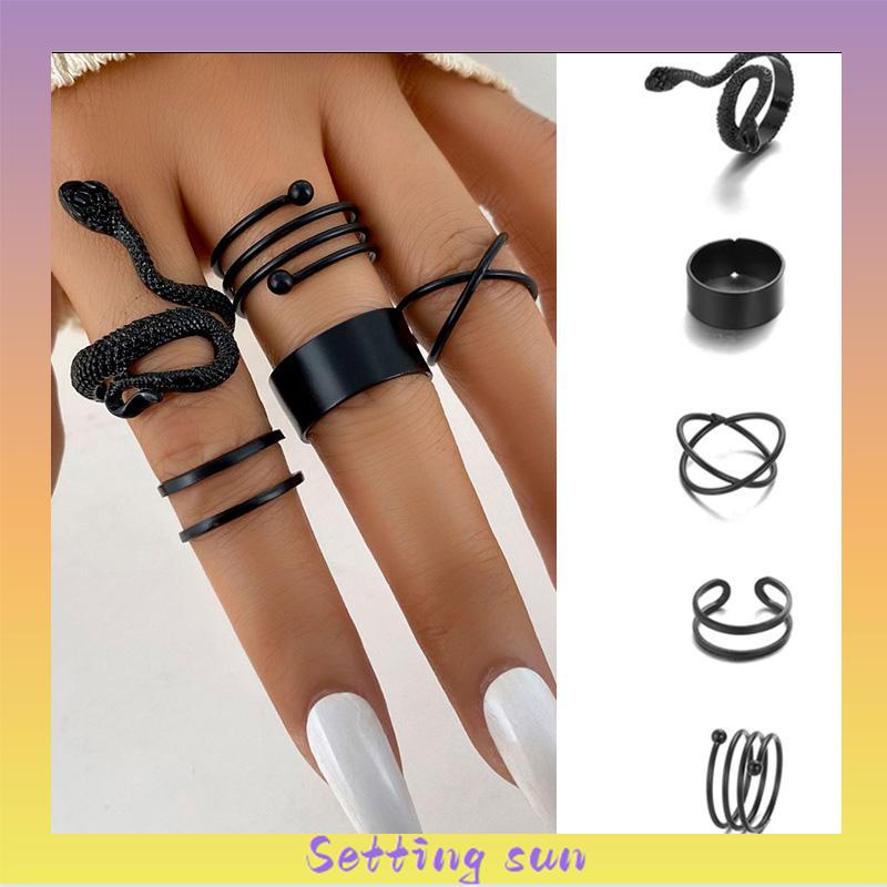 5PCS kreatif ms. Jane cincin wanita menggabungkan cincin ular hitam geometri TN