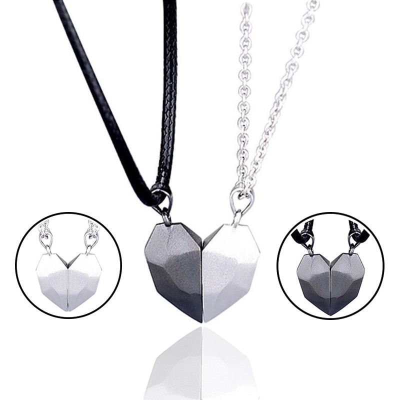 2Pcs Minimalist Lovers Matching Friendship Heart Pendant Couple Magnetic Distance Faceted Heart Pendant Necklace Couple Jewelry