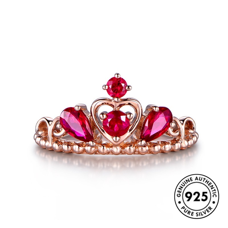 Cincin Sterling Silver 925 Model Mahkota Dengan Ruby Warna Rose Gold Untuk Wanita