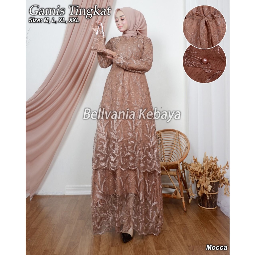 GAMIS WANITA TINGKAT BAHAN TULLE FULL FURING MOCCA DAN WARNA LAIN (FREE MASKER)