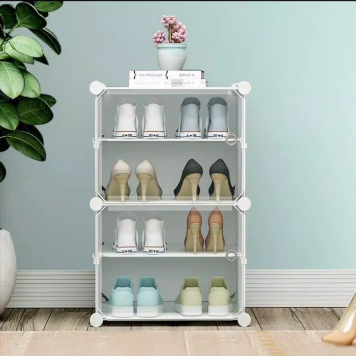 LEMARI RAK SEPATU SANDAL PAKAIAN 4 SUSUN 2 PINTU PLASTIK PORTABLE - random