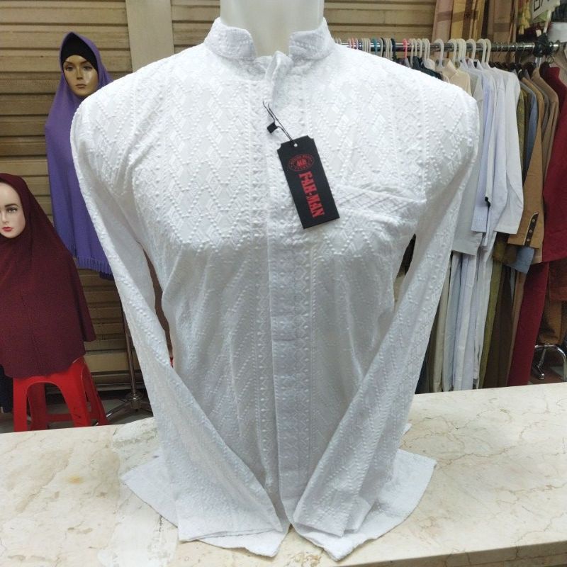 Baju Koko Anak Remaja, Dewasa & Jumbo, Putih Lengan Panjang Bahan Katun Berbordir Kualitas SUPER PRE