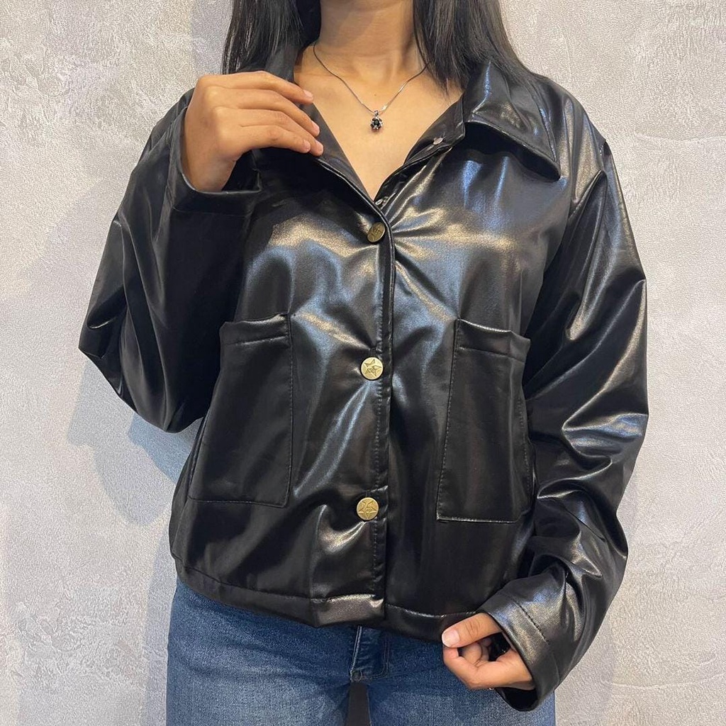 MONO SEMI LEATHER JACKET  BUTTON POCKET JAKET PARKA KULIT SINTETIS (PH)-BLACK