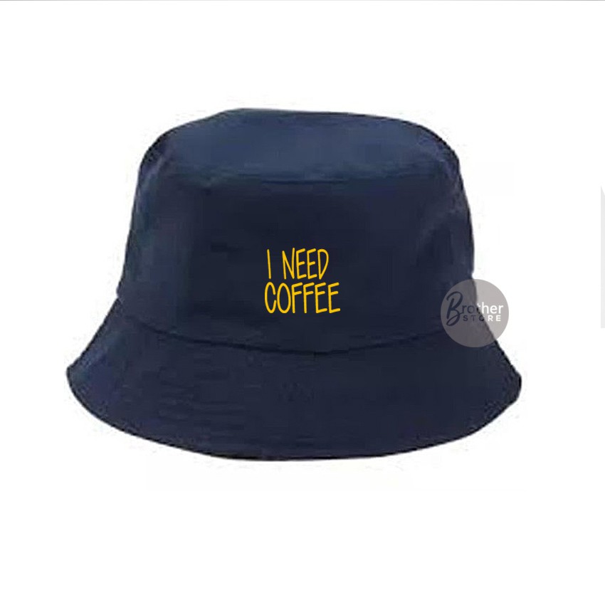 Topi Bucket - Topi Gunung - Logo I Need Coffe Text Kuning