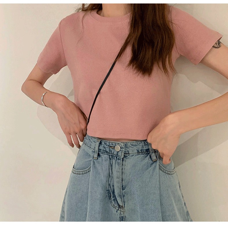 KBS-49 kaos crop top lengan pendek polos casual simple look import korea jepang