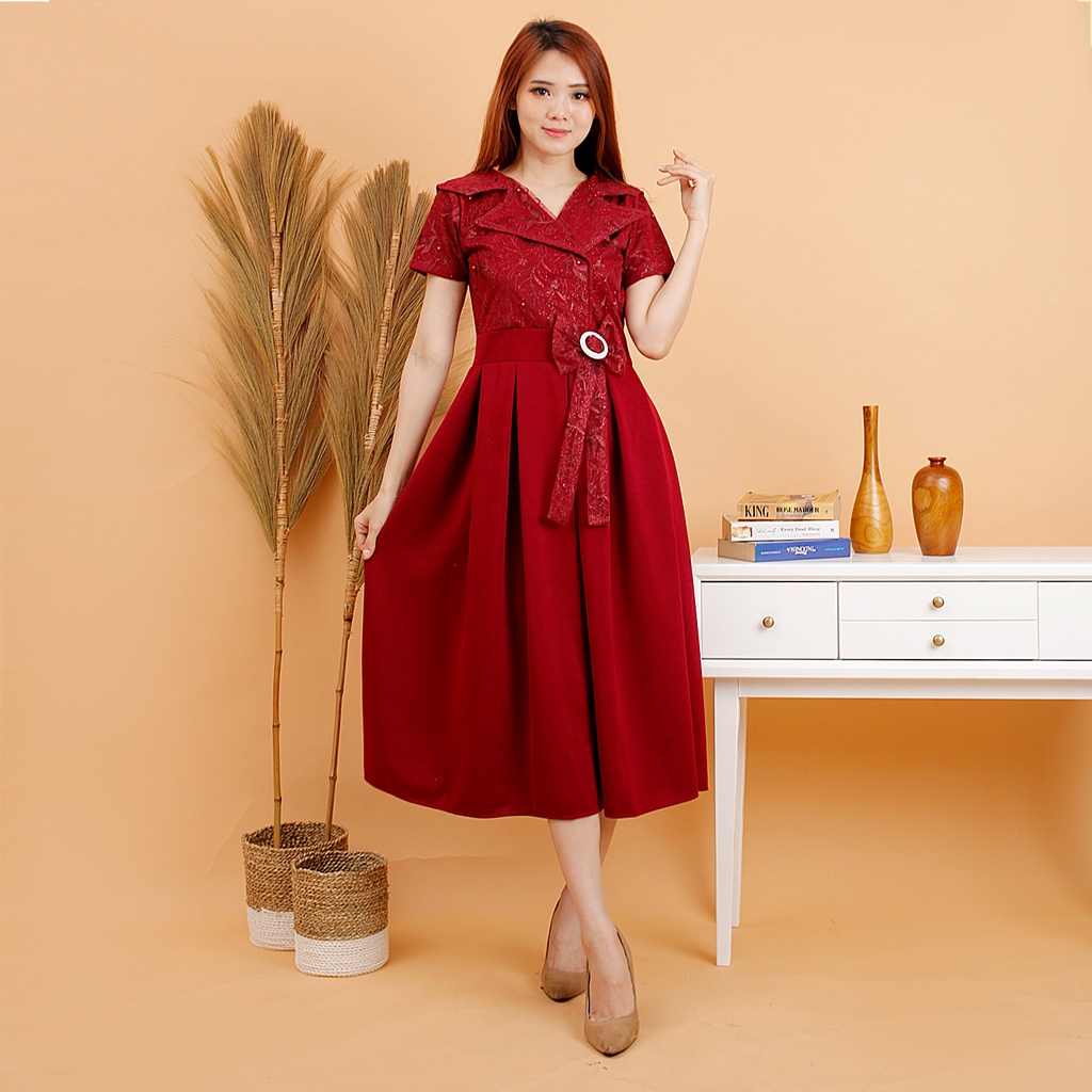 Fashion wanita #4192 , Medium dres scuba import premium kombinasi tile bordir gliter mutiara
