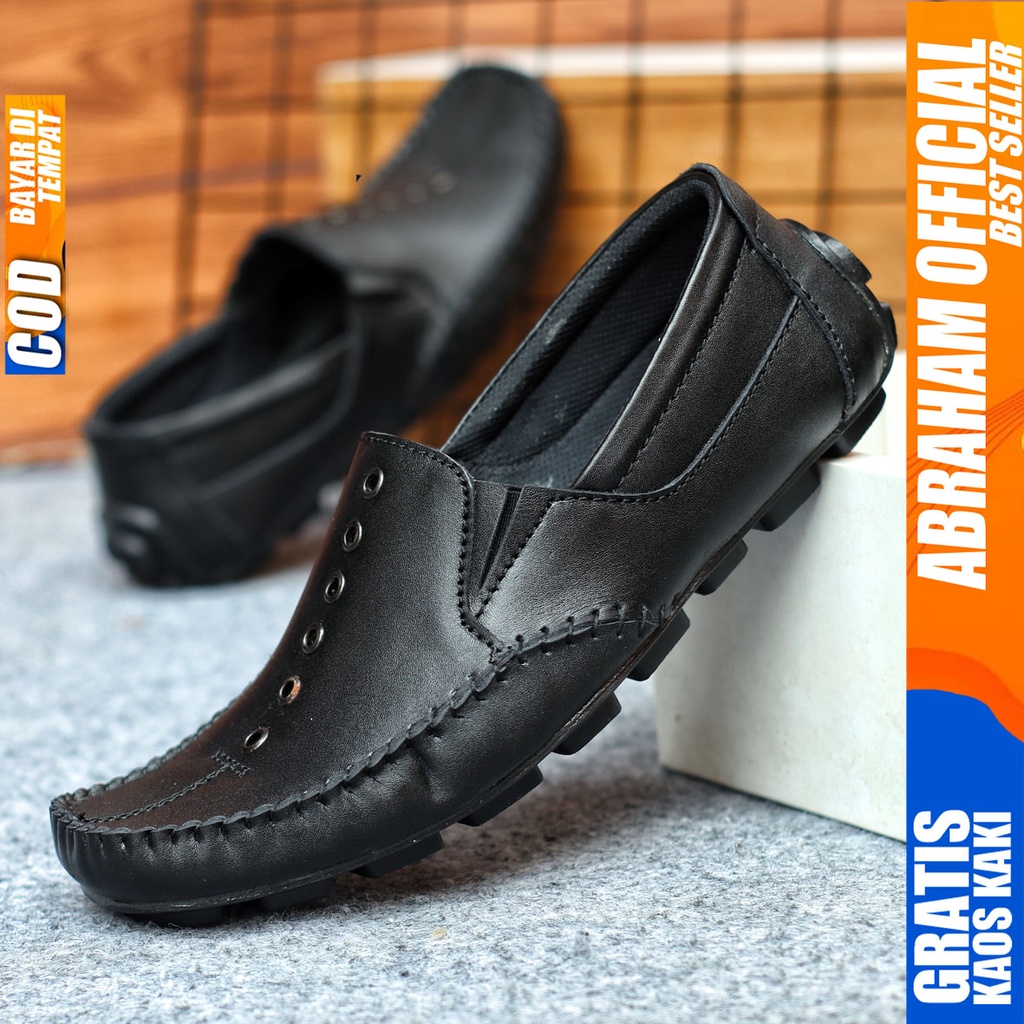 Sepatu Casual Pria Formal Slip On Pantofel Kulit Asli Kerja Kantor Kondangan Kuliah Hitam Fashion Shoes Terbaru Murah Kekinian Original DEON ABRAHAM