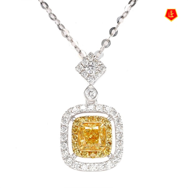 [Ready Stock]Square Pillow-Shaped Yellow Diamond Necklace European and American Luxury Fashion Temperament