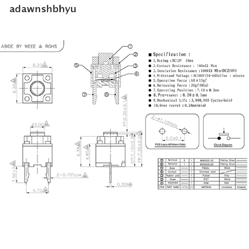 Adawnshbhyu 10Pcs Kailh Tombol Mute 6*6*7.3 Saklar Silent Tombol Mouse Wireless Micro Switch