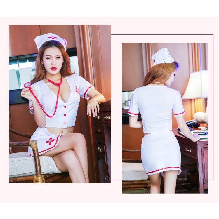 Lingerie Wanita Dokter Cosplay Jas Perawat Sexy Seragam Pinggang bocor Cardigan Rok Mini Set 3A378