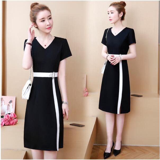 Gaun Midi Wanita Model Tunik Dengan Kerah V Neck Dan Potongan Slim Warna Hitam Bergaya Korea Shopee Indonesia