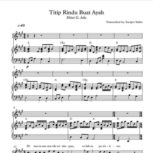 Buku Piano Piano Sheet Titip Rindu Buat Ayah Ebiet G Ade Shopee Indonesia