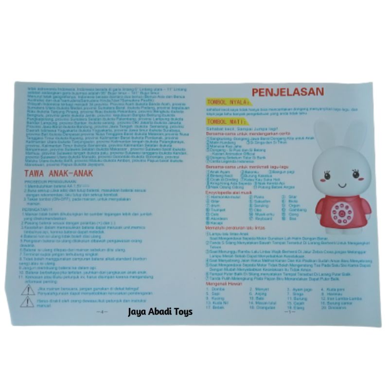 MAINAN BONEKA KELINCI KESAYANGAN BERNYANYI BERCERITA MATEMATIKA KEAMANAN LALU LINTAS BAHASA INGGRIS