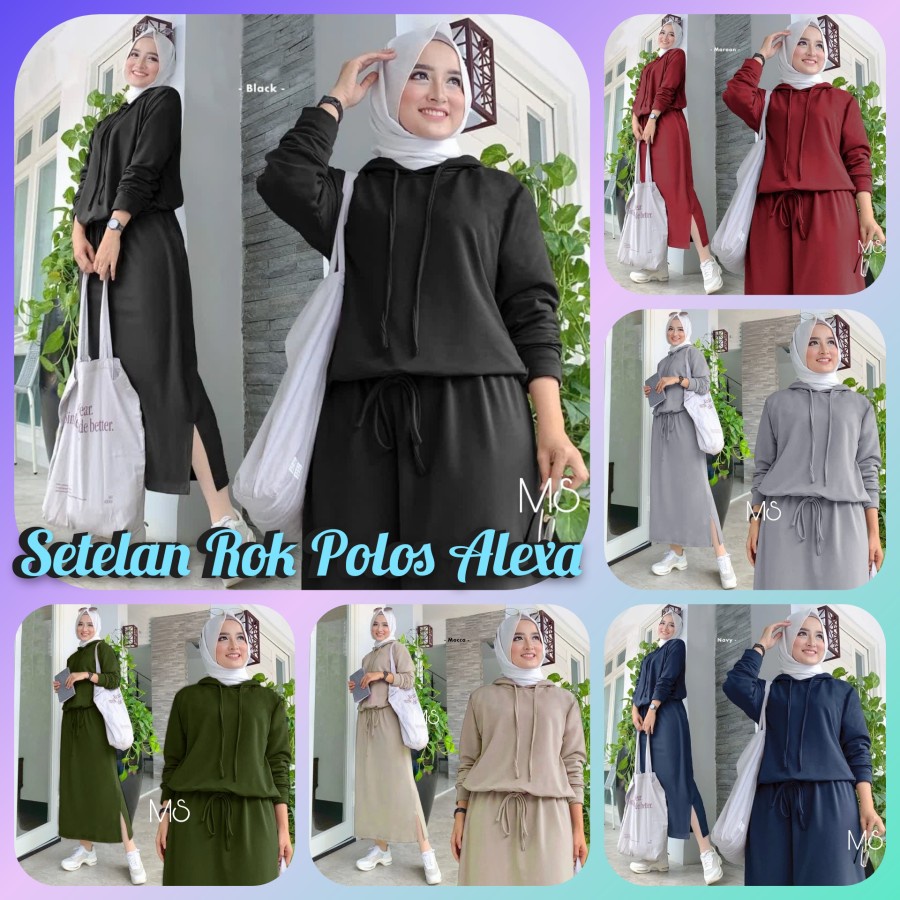 Baju Setelan Wanita Remaja Murah Kekinian Terbaru 2023 Fashion Muslim Stelan Set Rok Polos Alexa Bah