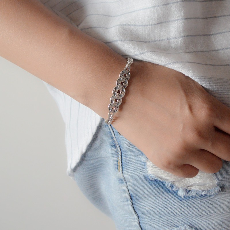 925 perak sterling untuk pria gelang, koin tembaga antik fashion perhiasan