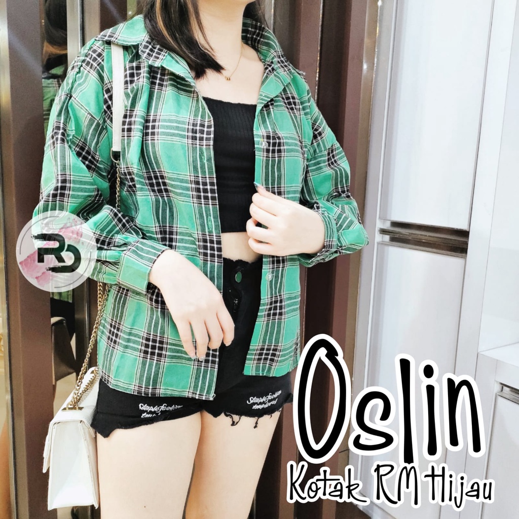 RD FASHION Kemeja Oslin Oversize | Kemeja Korea Jumbo Wanita | Bahan Creap - Fit to L-KOTAK RM  HIJAU