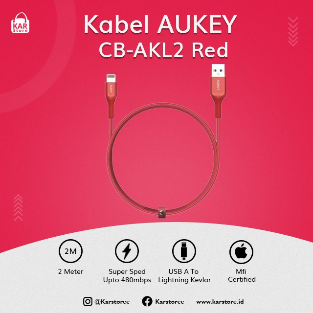 Aukey Cable CB-AKL2 Red 2M MFi USB A To Lightning Kevlar