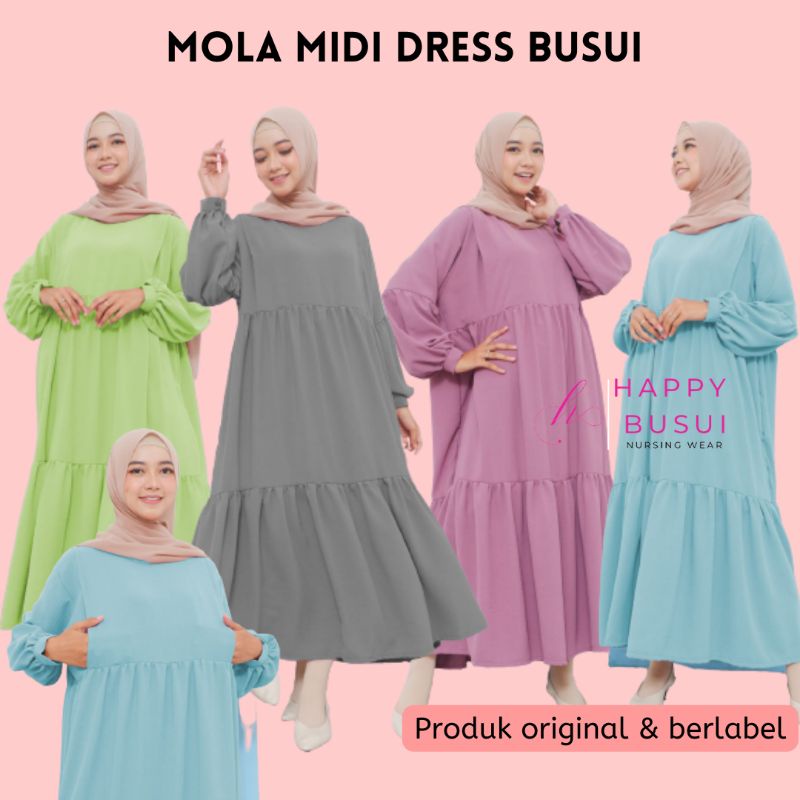 Midi dress wanita busui bahan rayon crinkle airflow tebal dan halus motif polos akses busui kanan ki