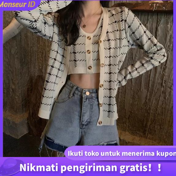 DISKON Rompi rajutan kotak-kotak + kardigan rajutan lengan panjang wanita